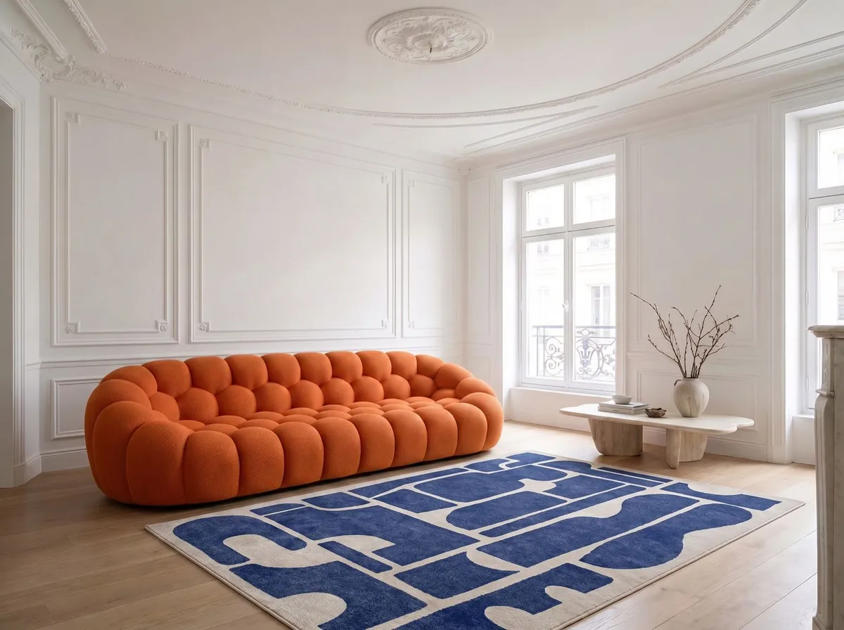 Salon rendu avec le tapis et le canapé exacts, le reste inchangé