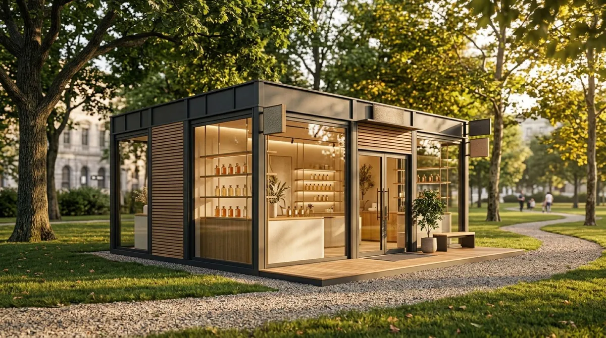 Rendu d'une boutique pavillon dans un jardin, réalisé par Lauriane Griveaux