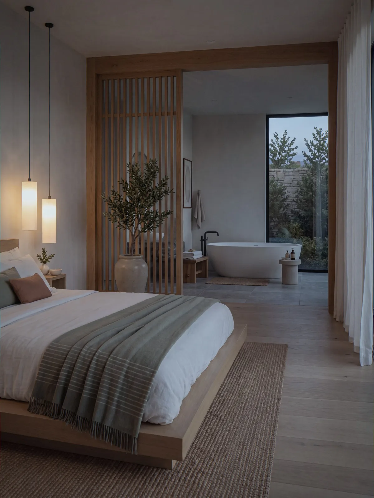 Photorealistic render of the same bedroom in the evening, lit by two pendants, the bathroom visible through the opening