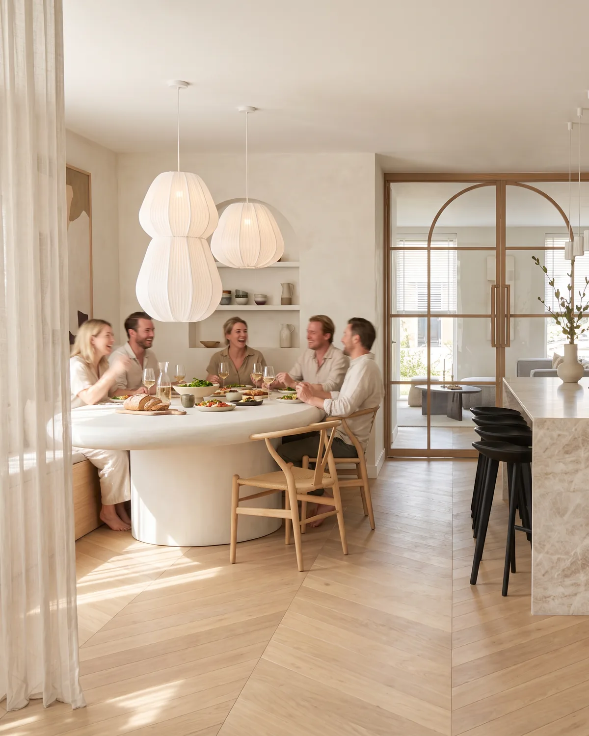 Photorealistic render of the same living room, bathed in sunlight, with five friends having lunch around the table