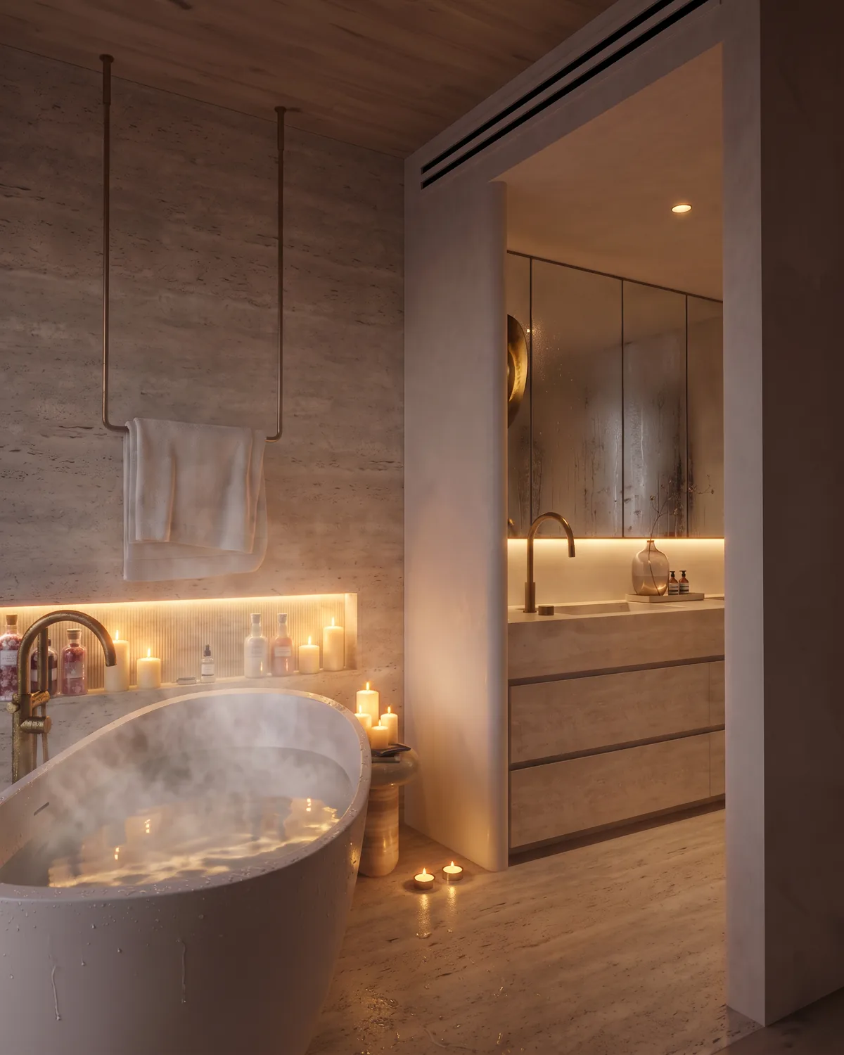 Photorealistic render of the same bathroom in the evening, lit by candles, the bathtub steaming