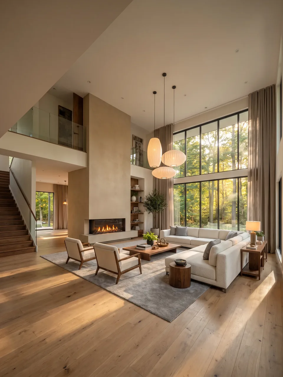 Photorealistic render of the same living room, bay windows open onto the forest, golden late-afternoon light