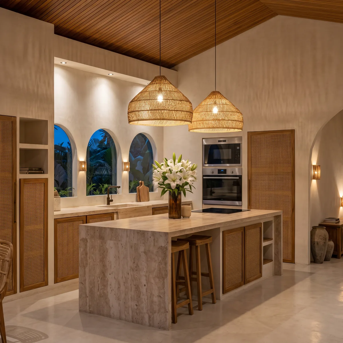 Photorealistic render of the same kitchen, soft Balinese mood in the evening
