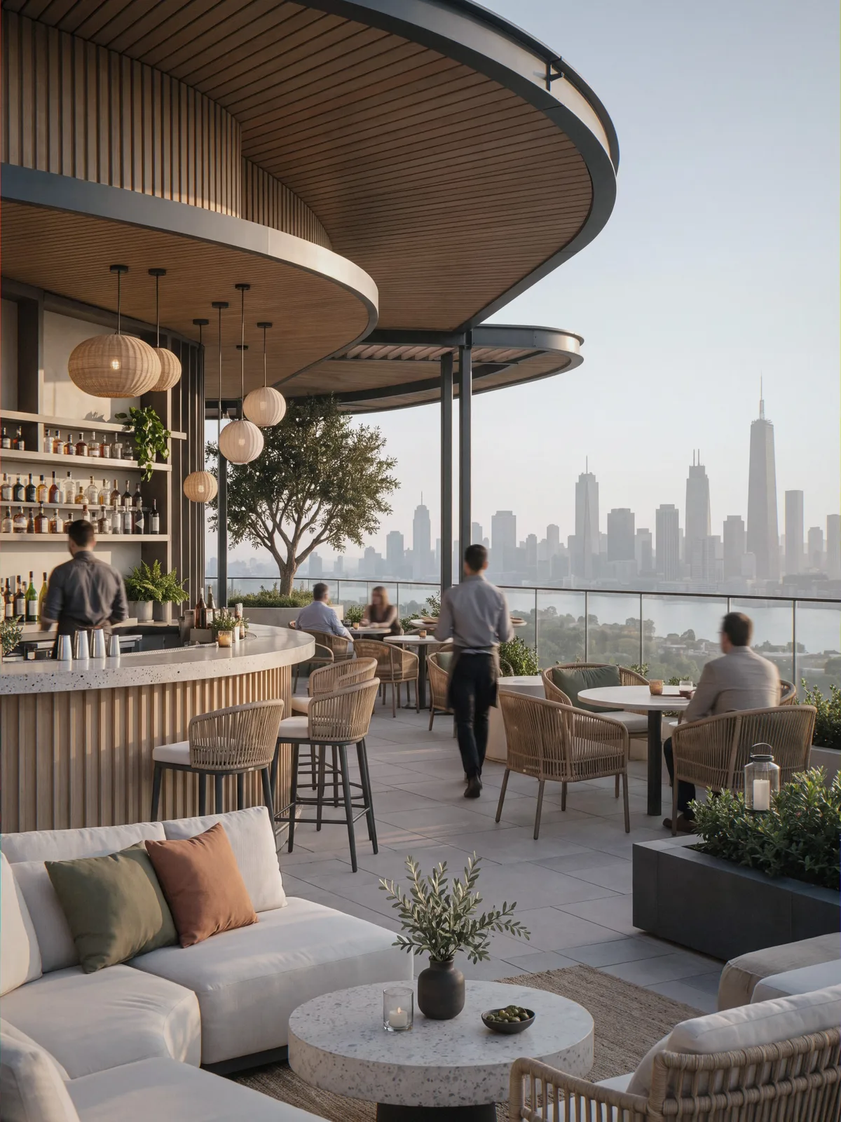 Photorealistic render of the same rooftop bar at sunset, with a bartender, a waiter and guests seated facing the city