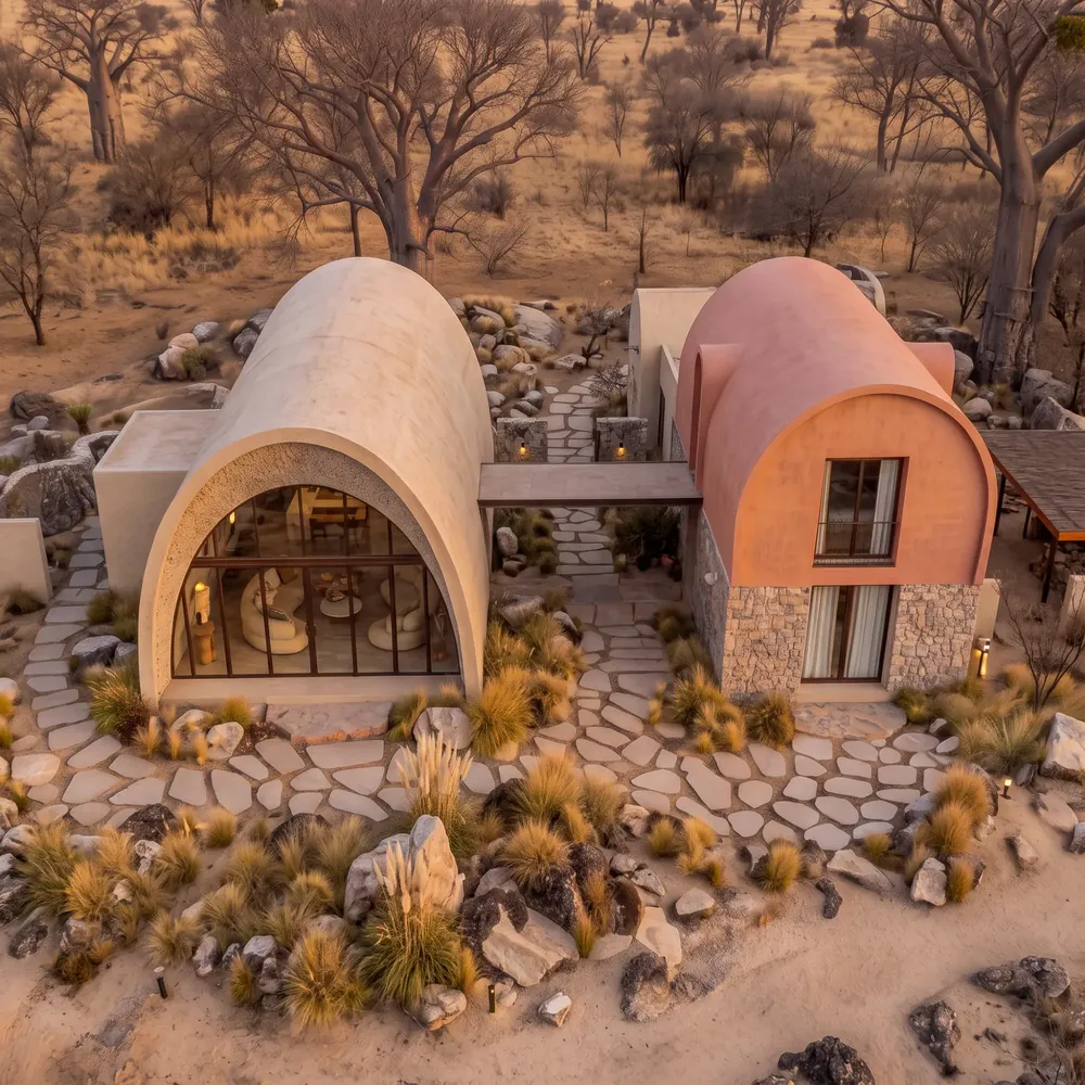 Maison du désert au coucher du soleil