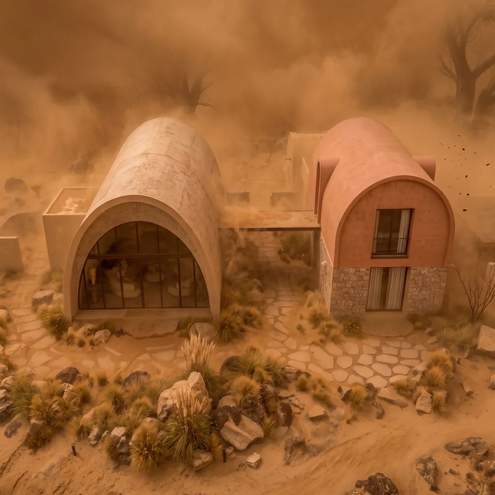 La même maison dans une tempête de sable, géométrie inchangée