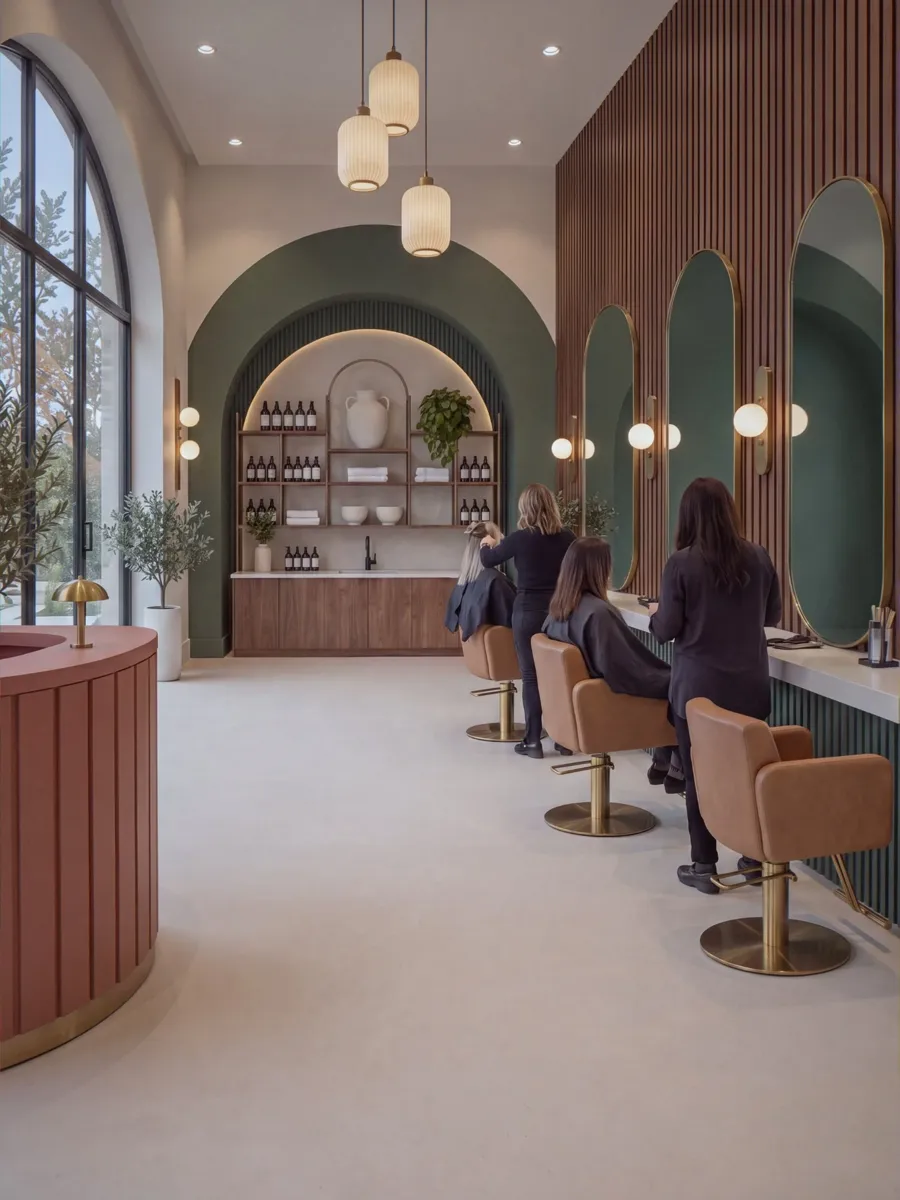Photorealistic render of a hair salon, caramel leather chairs